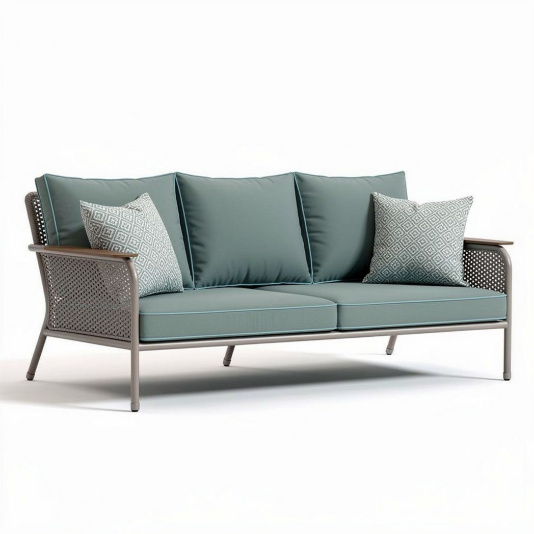Canapé d'extérieur en aluminium et tissu résistant 185 x 85 x 70cm avec coussins décoratifs bleu clair