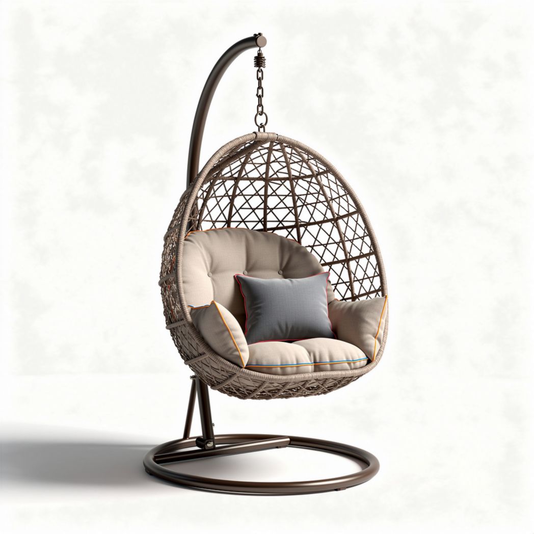 Chaise suspendue en rotin tissée avec coussins beige pour intérieur et extérieur