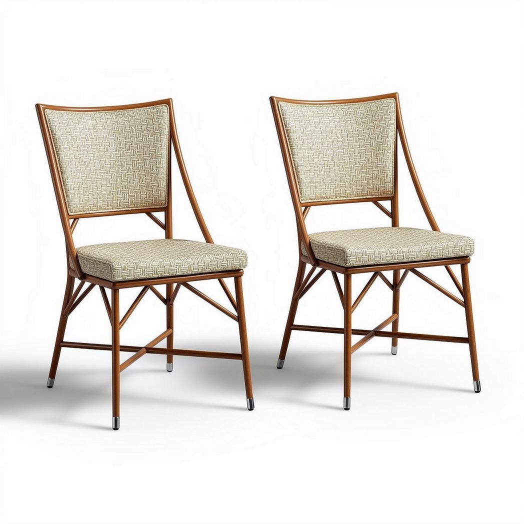 Chaise en rotin tissée avec coussin beige pour salle à manger ou terrasse
