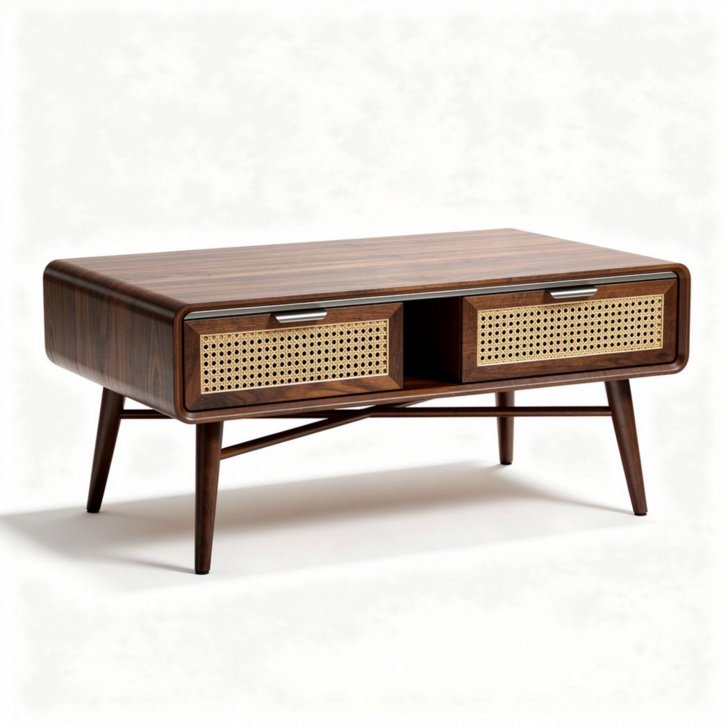 Table basse en bois avec tiroirs en cannage 120 x 60 x 40cm