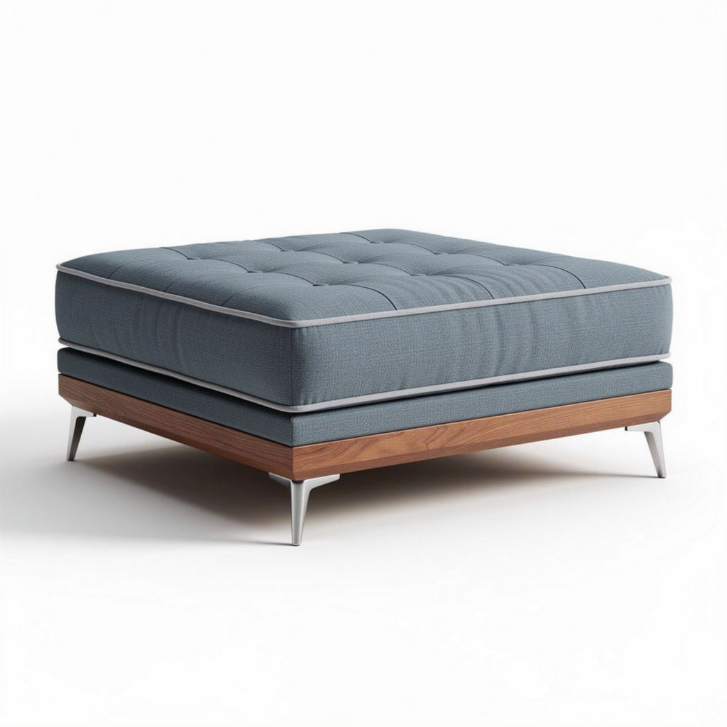 Pouf carré en tissu bleu avec base en bois et pieds en métal 80 x 80 x 25cm