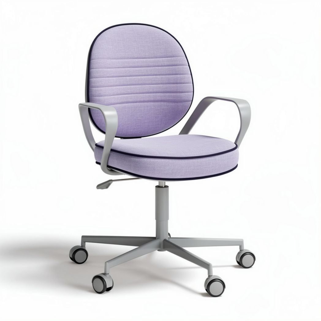 Chaise de bureau pivotante en tissu violet avec accoudoirs et roulettes