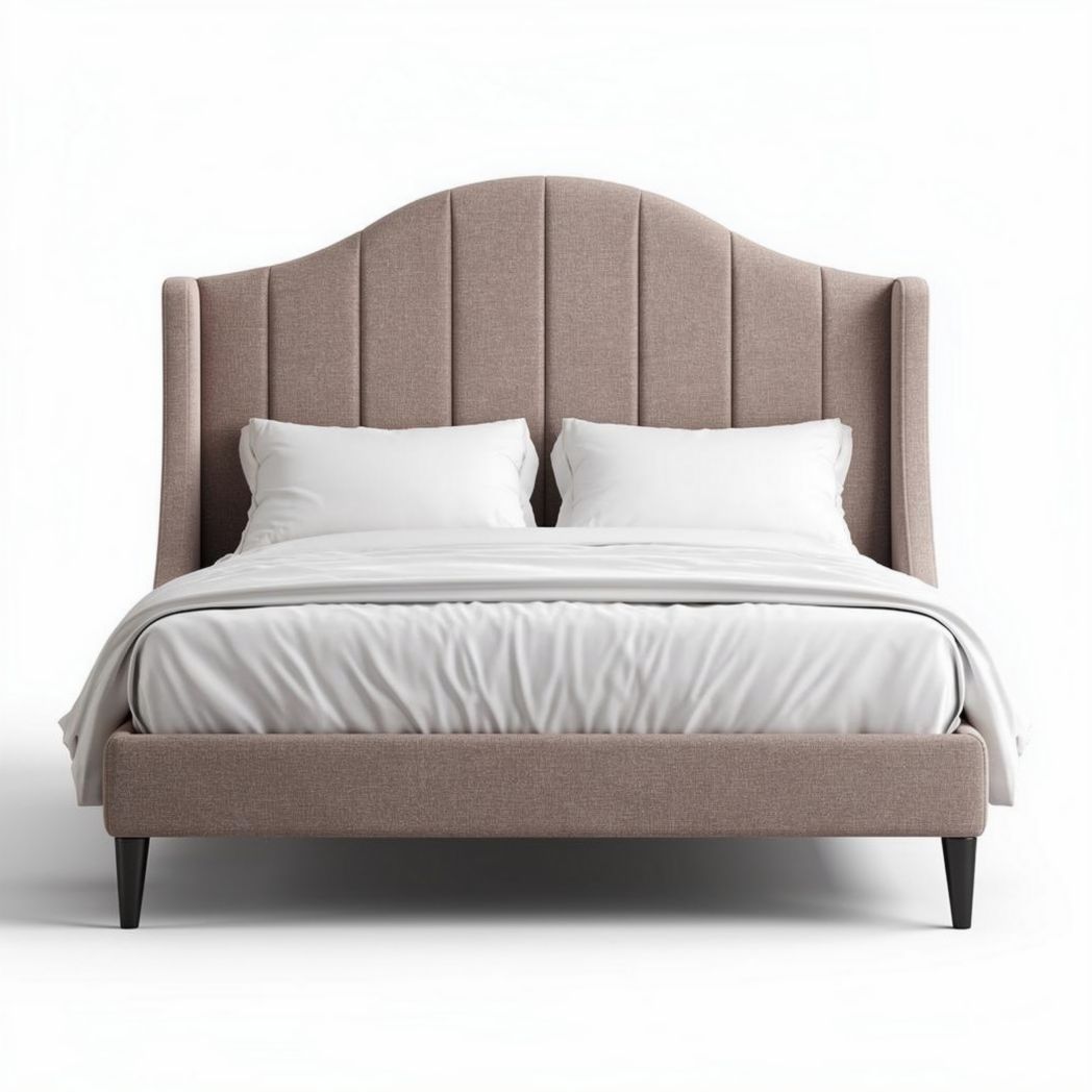 Lit en tissu beige avec tête de lit rembourrée dimensions 210 x 160 x 100cm